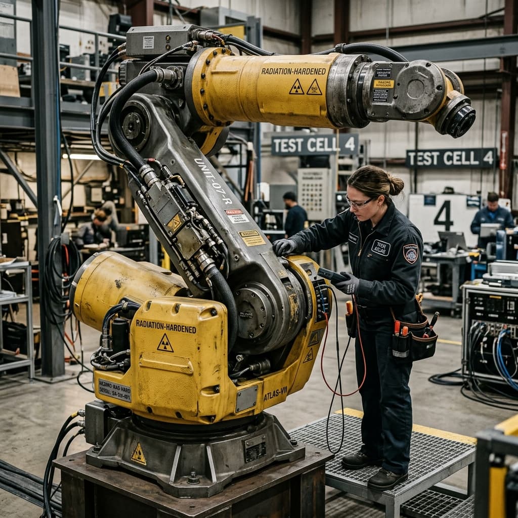 Heavy-duty radiation-hardened robotic arm unit in a mockup facility