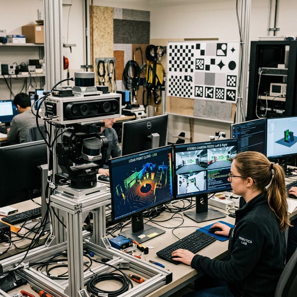 Advanced robotic sensor module capturing a complex colorful 3D LiDAR point cloud of its surroundings