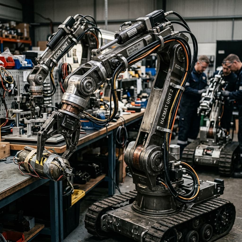 A massive extremely complex multi-tool robotic manipulator arm executing delicate assembly sequences on a bright factory floor