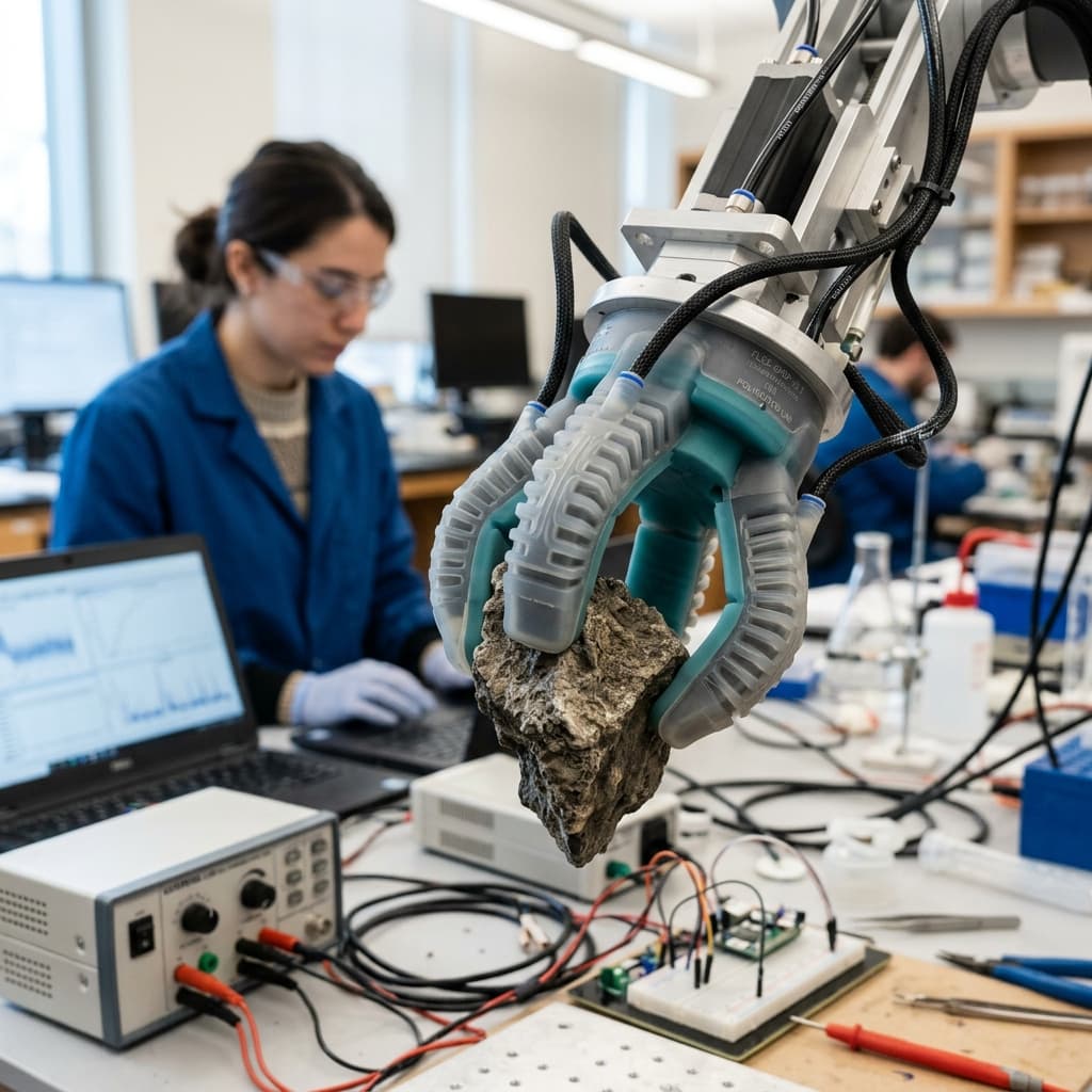 Soft robotic gripper mechanism holding an irregular object in a research lab