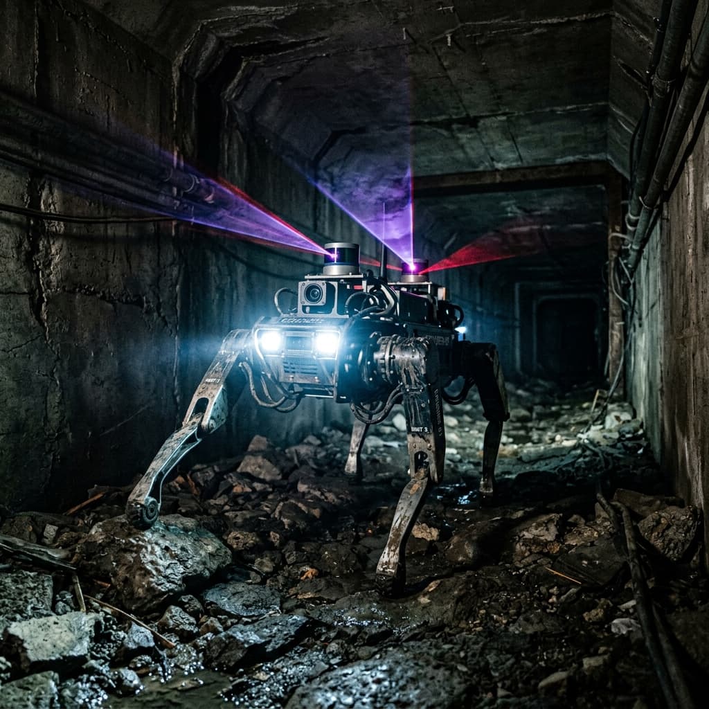 Legged robot navigating a concrete tunnel with LIDAR mapping sensors
