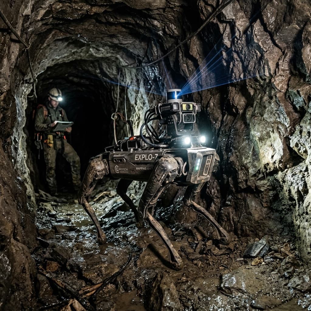 A rugged tracked robot illuminating a dark deep underground cavern with intense spot lights and lasers