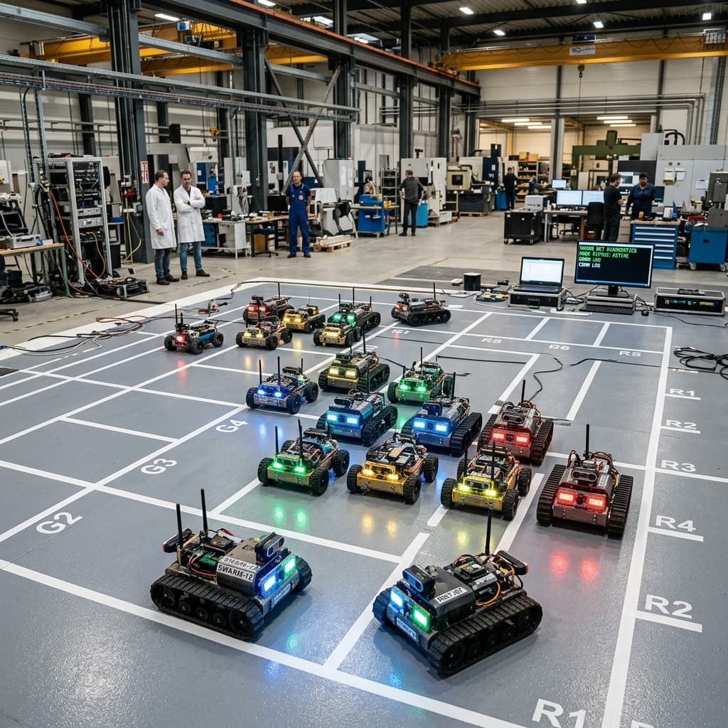 Fleet of small crawling robots on a flat test surface communicating via LED lights