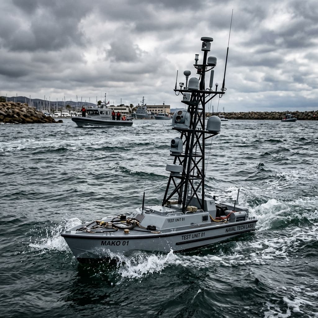 Unmanned surface vessel with sensor mast operating in littoral waters