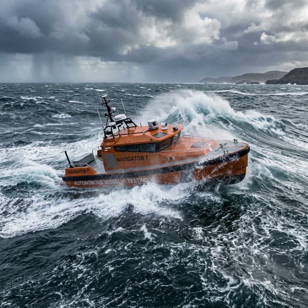 A stealthy unmanned surface vessel cutting through stormy seas at high speed