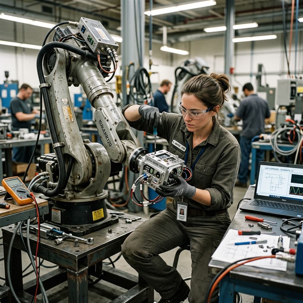 A mechanical engineer installing a next generation sensory payload upgrade onto a legacy robotic arm in a clean tech lab