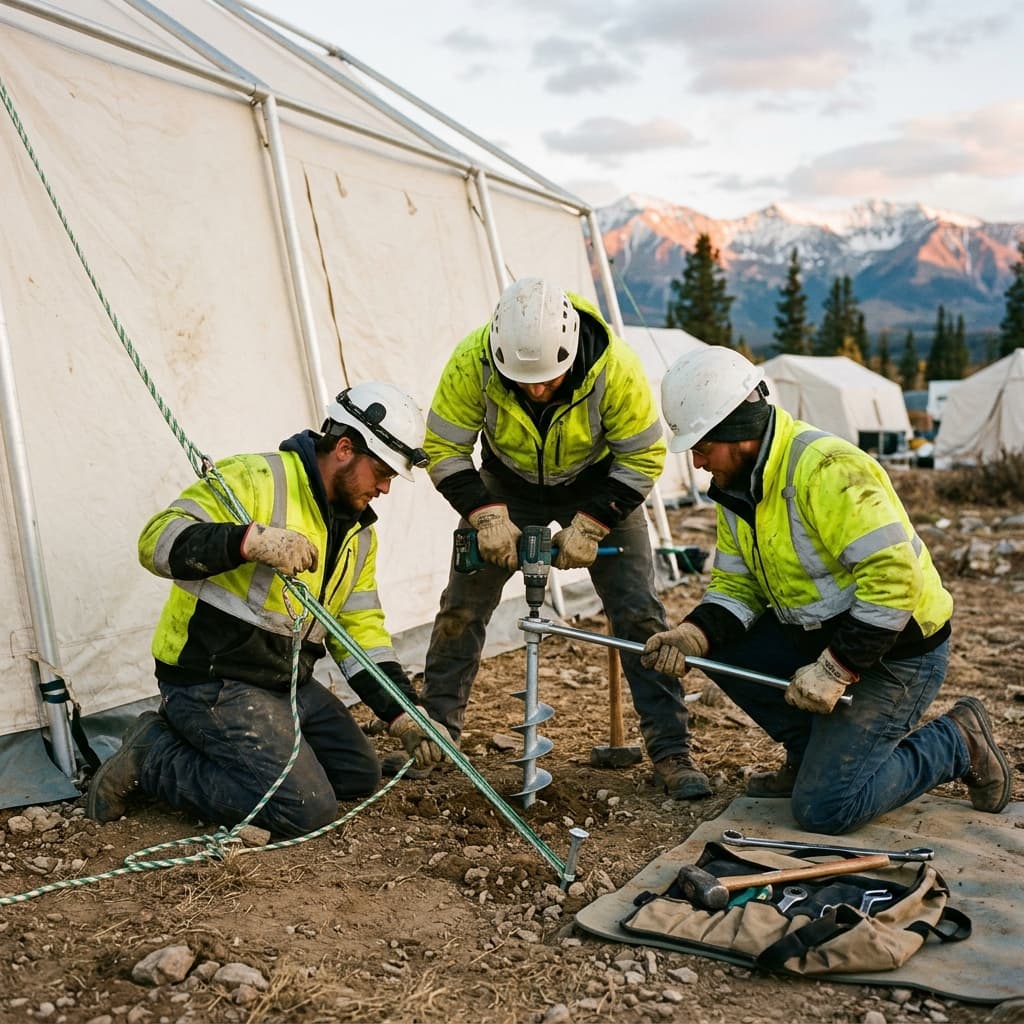 Engineers anchoring heavy military tents in rocky terrain