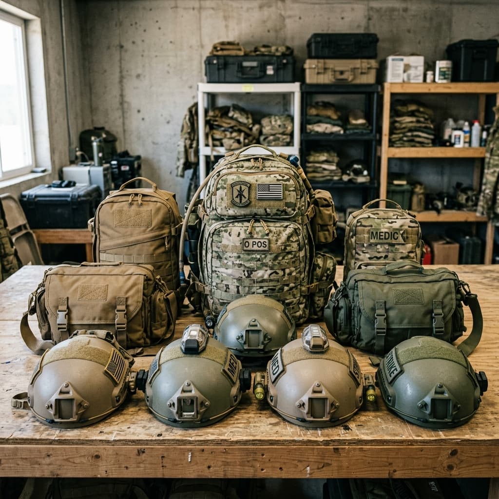 Military bags, packs, and combat helmets presented in a professional tactical gear setup