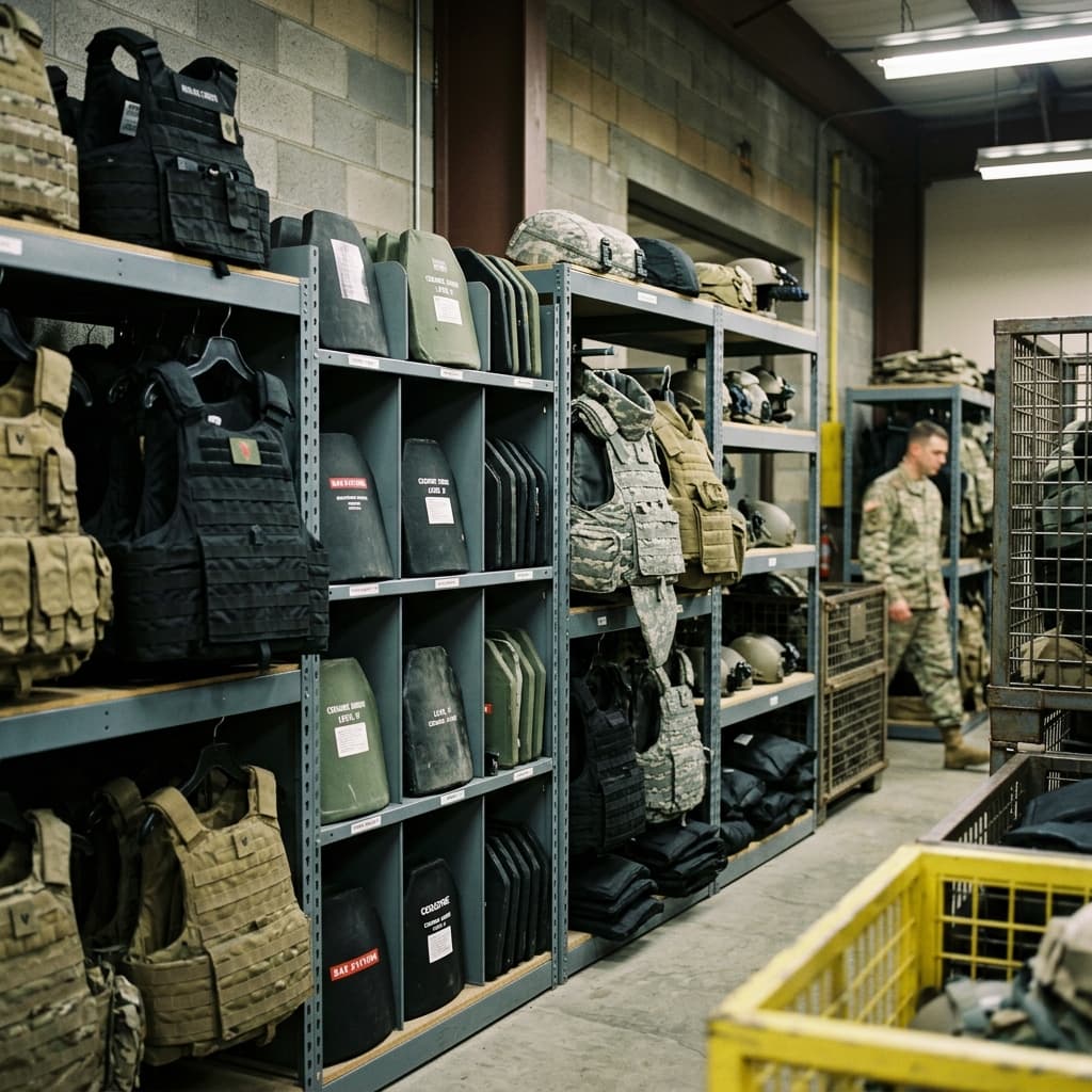 Ballistic armor plates, military body armor carriers, and ballistic protection gear arranged in a secure facility