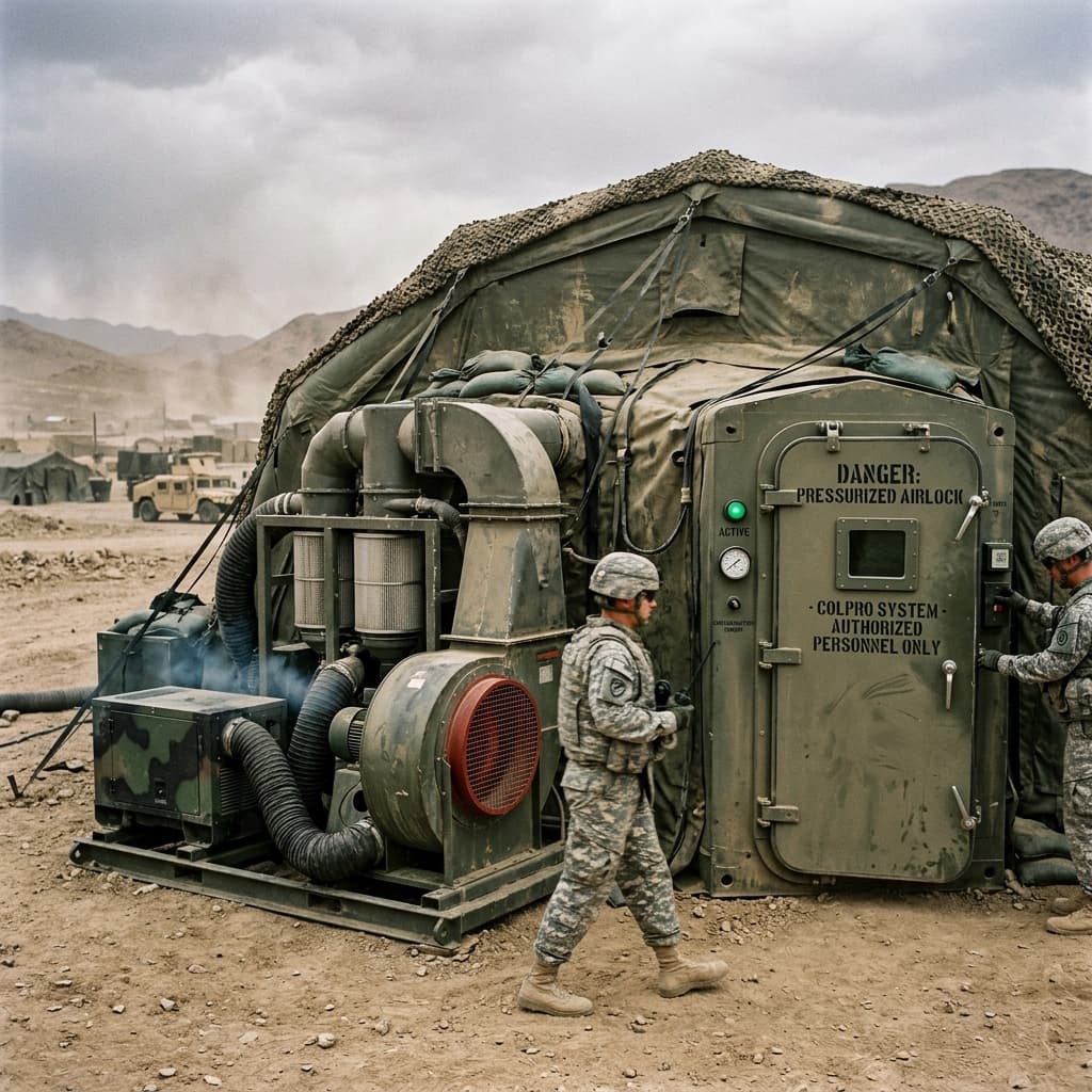 CBRN collective protection shelter with airlock vestibules and robust blower filtration units