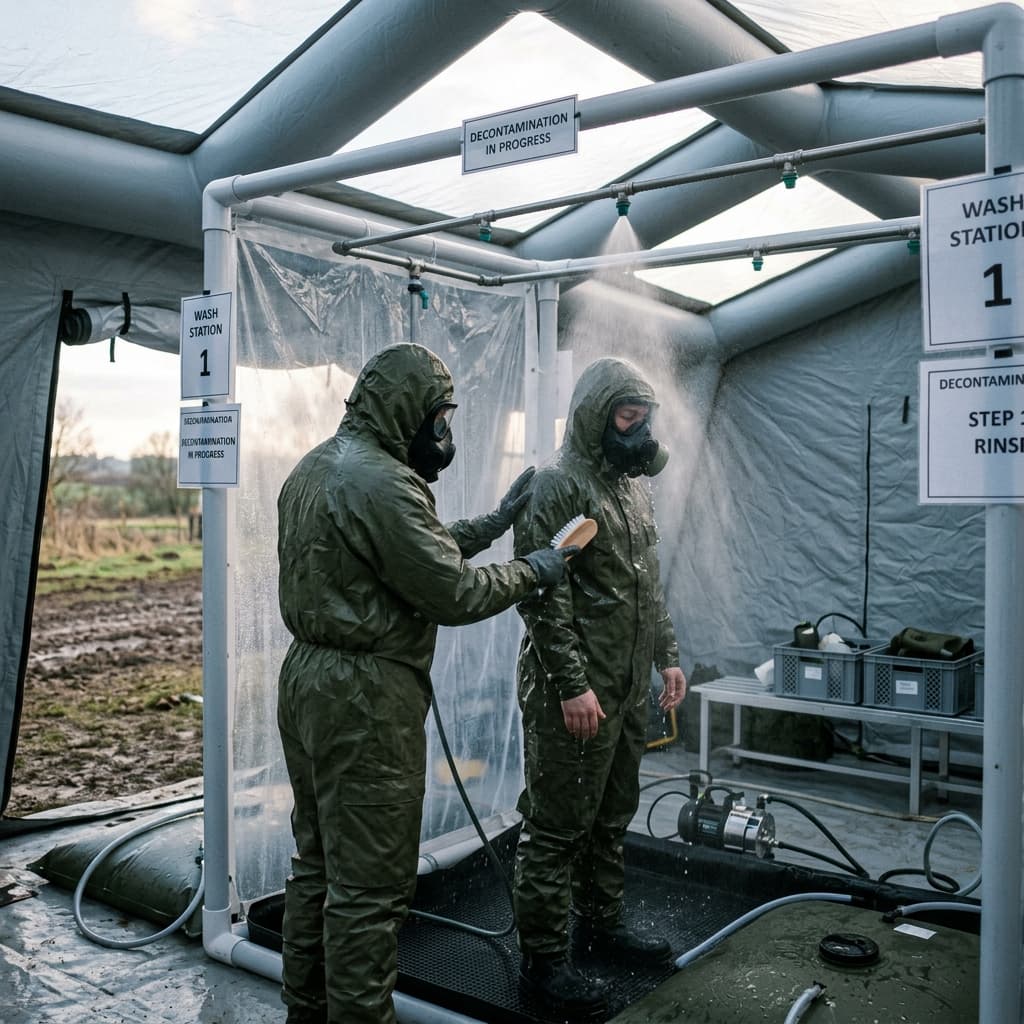 Specialized military CBRN workers demonstrating massive complex airlock decontamination procedures inside a secure tactical tent