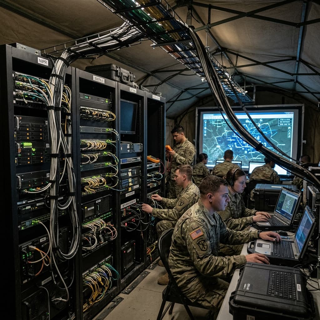 Military tactical operations center (TOC) inside a modular shelter with server racks and map displays