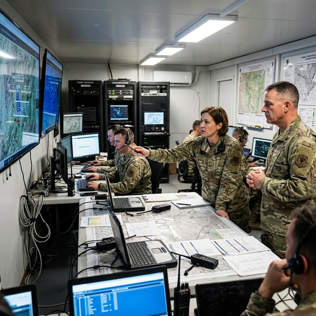 Bright combat operations command post structured with massive digital screen arrays and secure communication nodes
