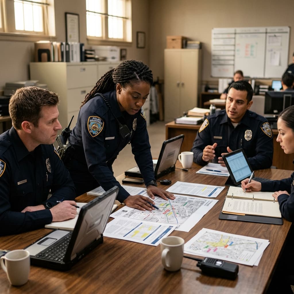 Logistics program officers securely discussing field shelter projects on technical layouts properly