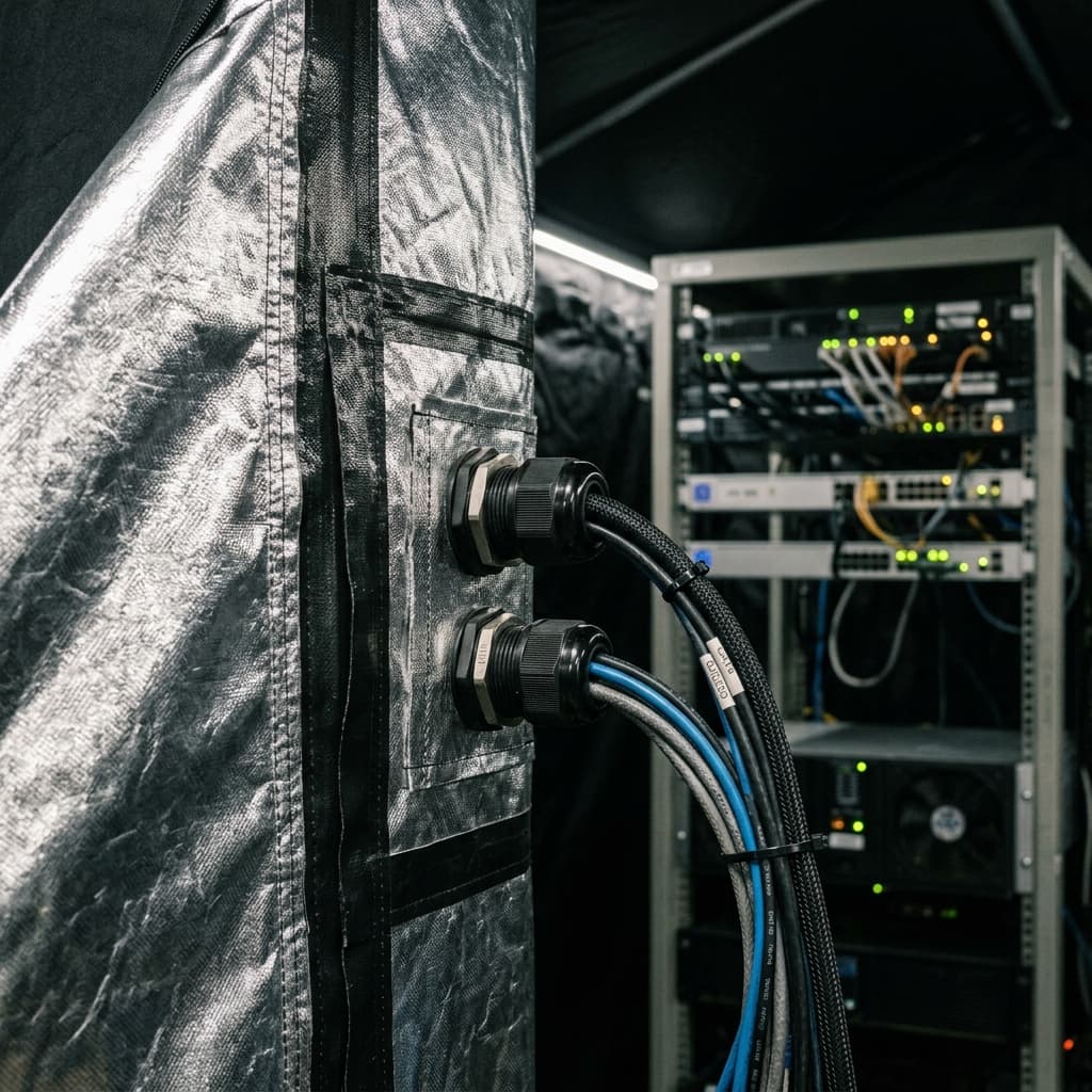Tent interior showing reflective electromagnetic shielding layers and secure cable transit