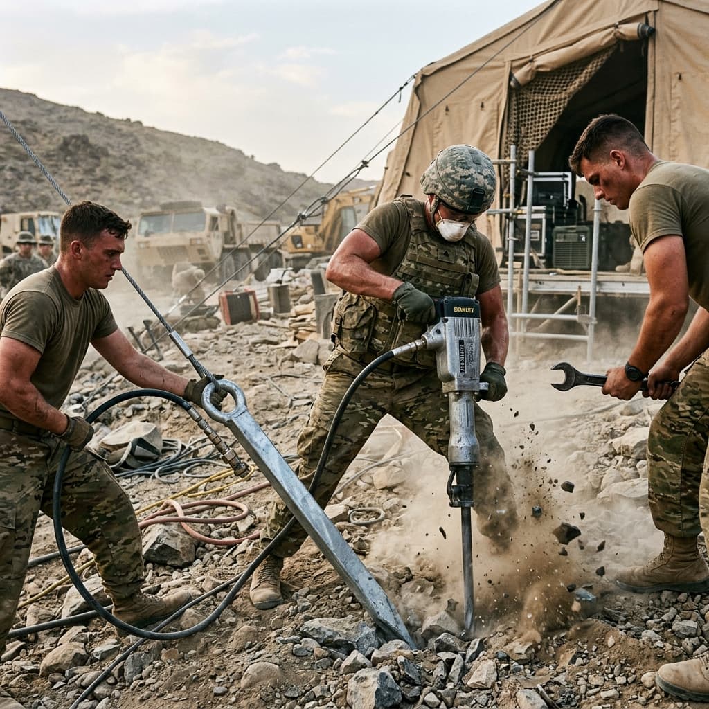 Action photography of combat engineers fiercely driving massive heavy-gauge steel tent anchors deep into rocky ground