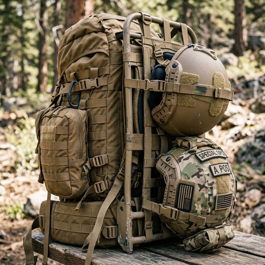 Close up of heavy robust military tactical backpacks and kevlar helmets securely strapped to a modular military expeditionary frame
