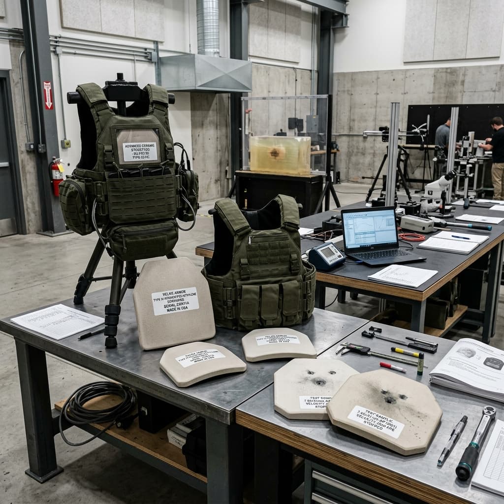 Advanced ceramic ballistic plates and modular tactical armor vests displayed on heavy duty engineering workstations inside a military testing facility