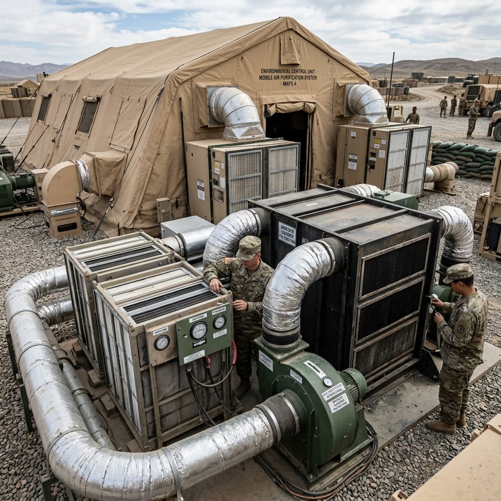 Complex massive high efficiency particulate filtration networks pumping pure air into ruggedized shelter systems