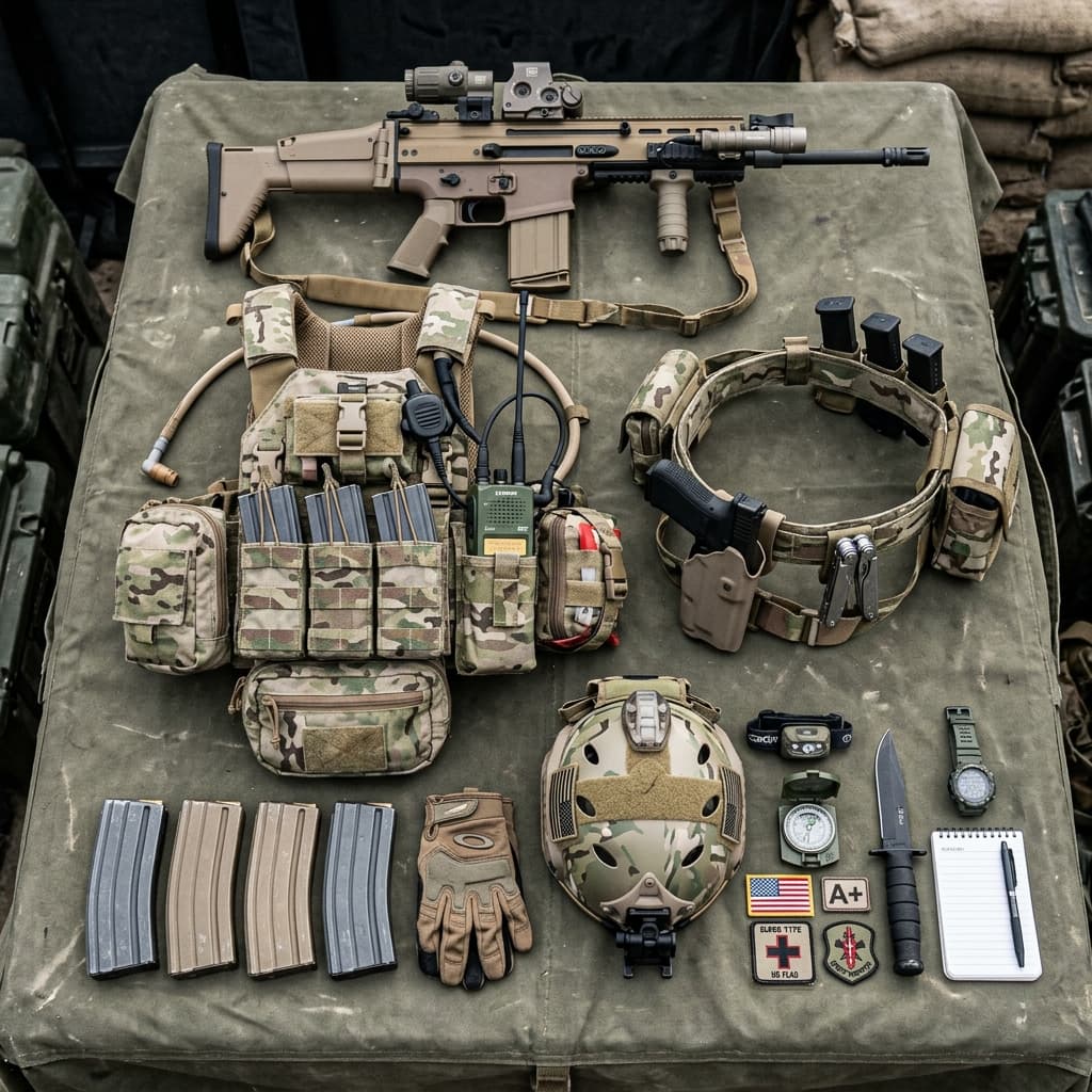 A well equipped soldier's tactical loadout meticulously arranged on an olive drab military canvas surface