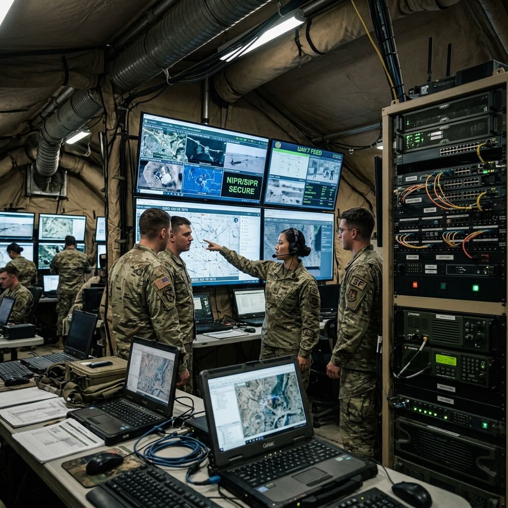 Expansive multi tent command center complex viewed from above illustrating complex interconnecting modular vestibules