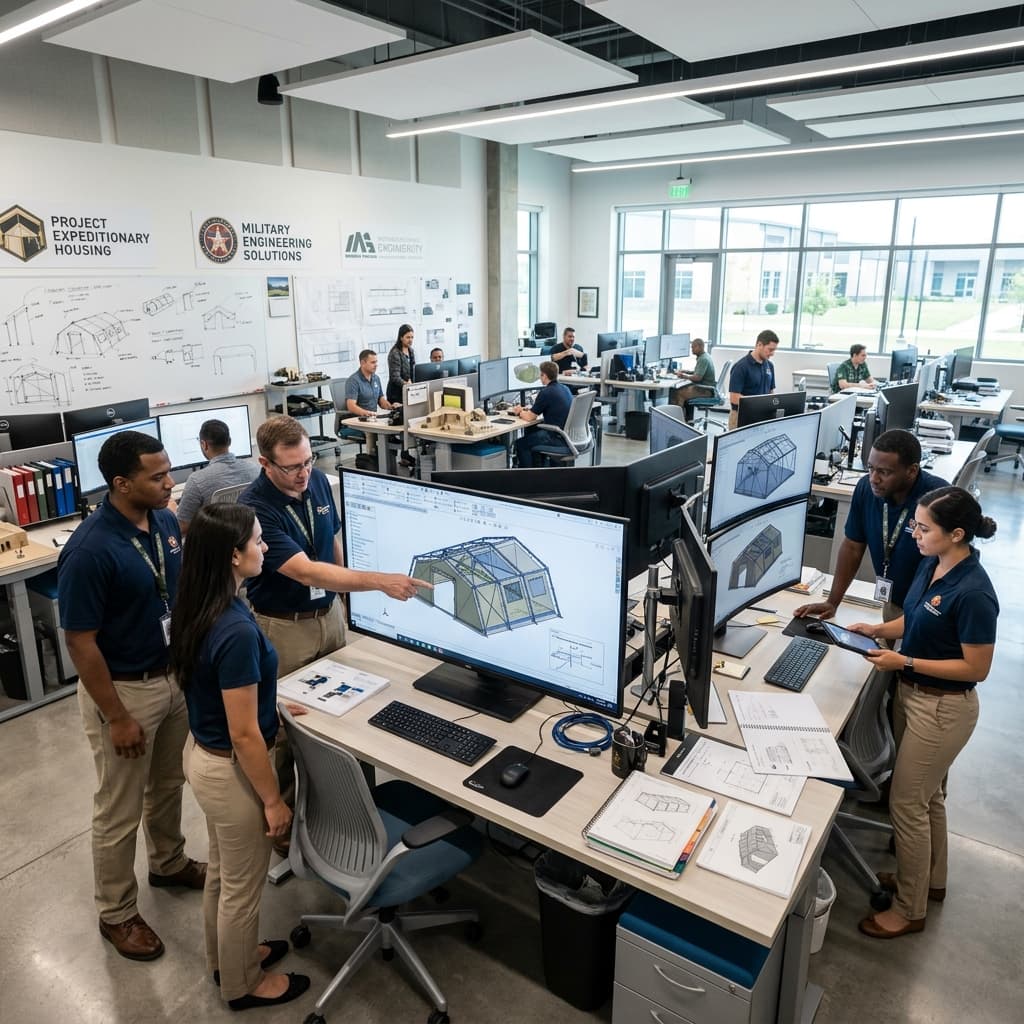 A wide shot of a bright modern military engineering planning room with mechanical engineers studying expeditionary tent CAD models on large monitors