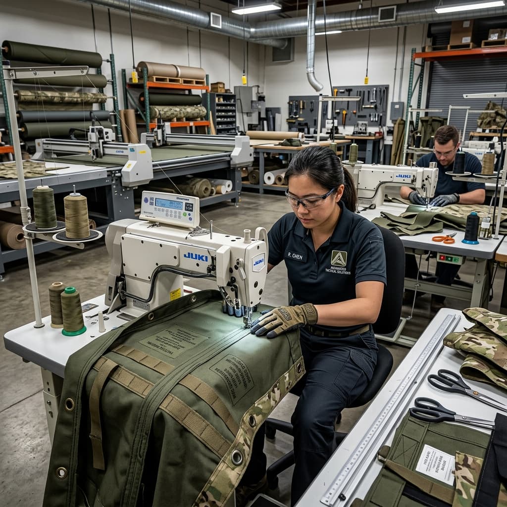 Engineering technicians in a high-tech workshop custom sewing heavy-duty tactical tent canvas