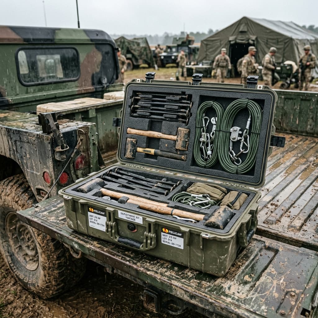 A robust mil-spec olive drab pelican case containing a specialized tent deployment kit open on a humvee tailgate