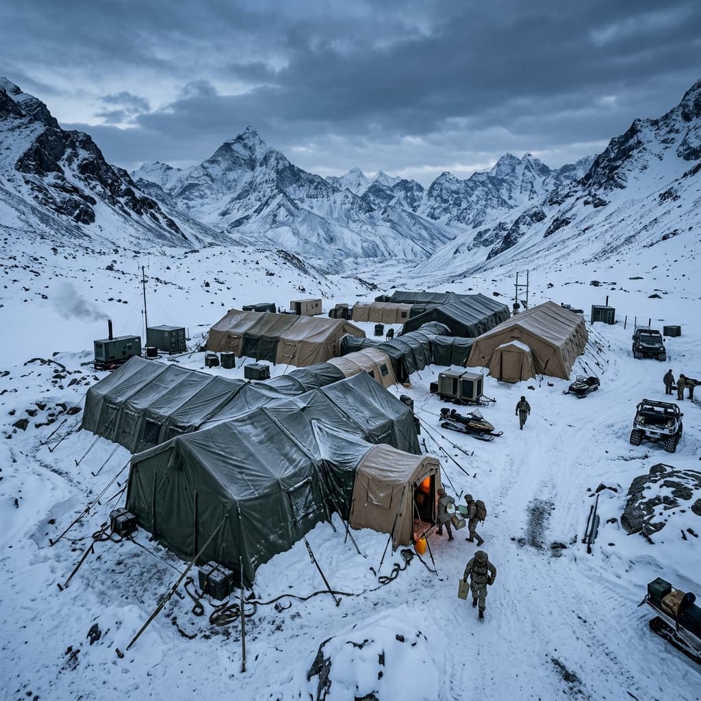 Cinematic wide shot of a large robust military expedition shelter system erected in freezing, snow-covered mountainous terrain