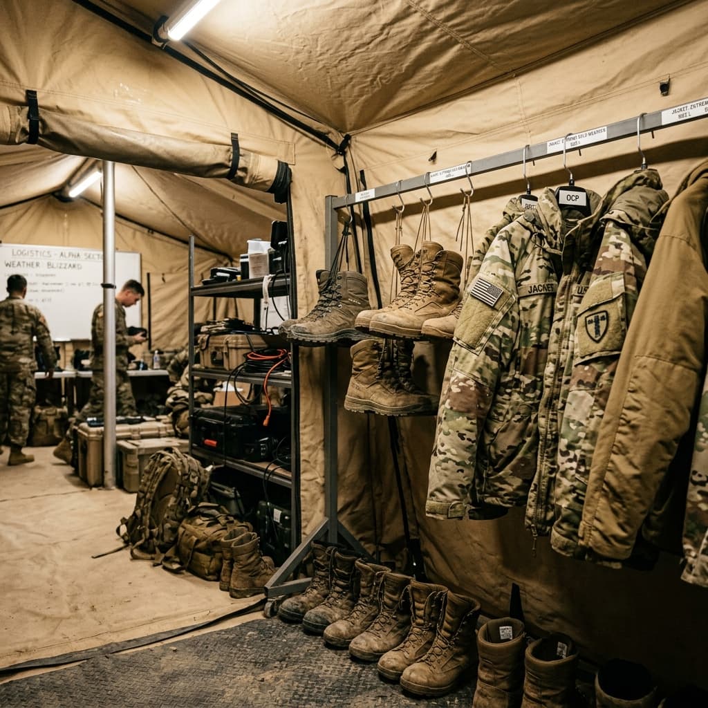 High durability tactical combat boots and extreme weather protective jackets hanging inside a modern illuminated military staging tent