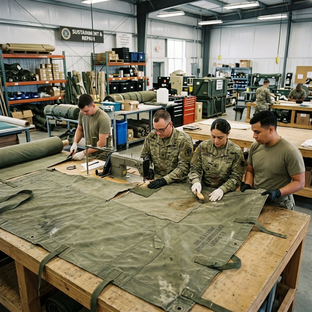 Expert military logisticians meticulously inspecting, cleaning, and replacing damaged sections of heavy olive drab expeditionary tent canvas
