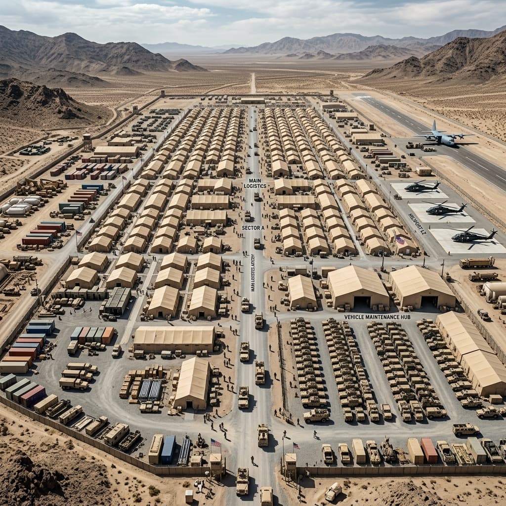 Cinematic aerial drone photography of a massive symmetrical military modular tent base camp actively operating in a stark arid desert environment