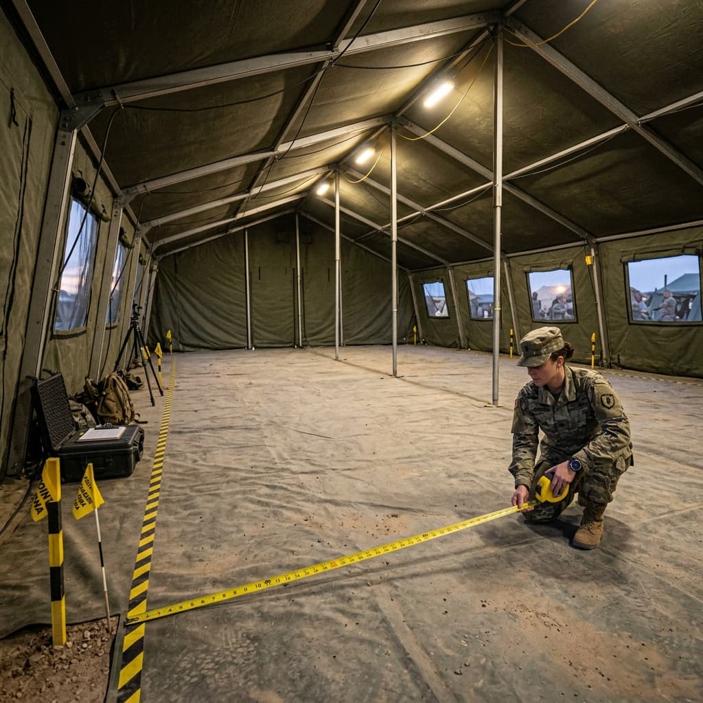 Wide shot of an empty heavy expeditionary tent interior showing large measuring tapes and surveying markers being used by a logistics officer to measure floor space