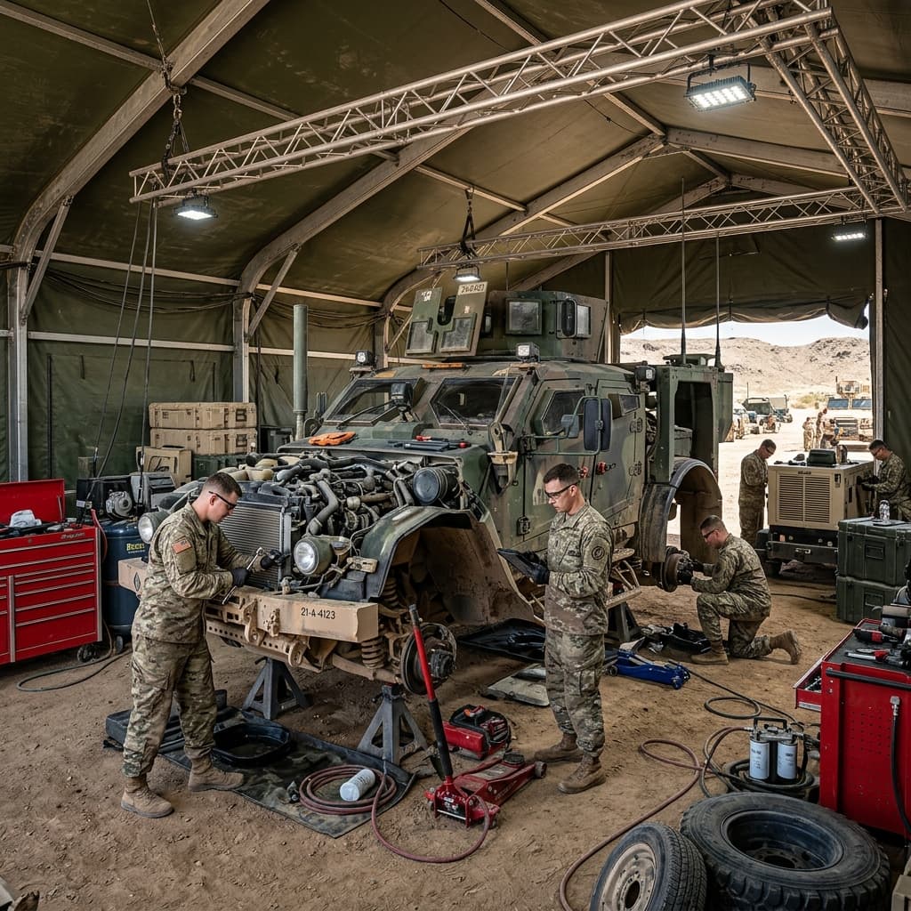 Massive heavy armored personnel carrier hoisted inside a ruggedized immense distinct tactical shelter bay
