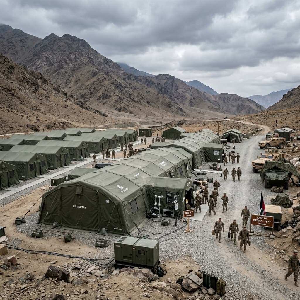Large scale military expedition shelter erected in mountainous terrain