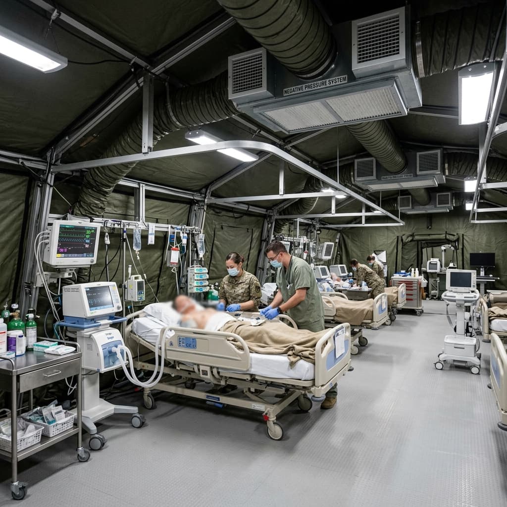 Sterile military field hospital shelter interior with medical lighting and negative pressure systems