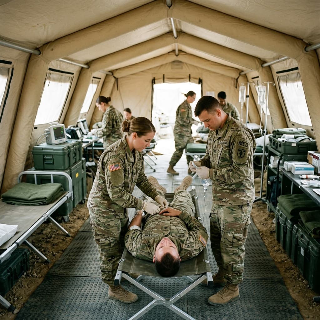 Specialized military engineering deploying high grade field hospitals featuring distinct sterile surgical zones
