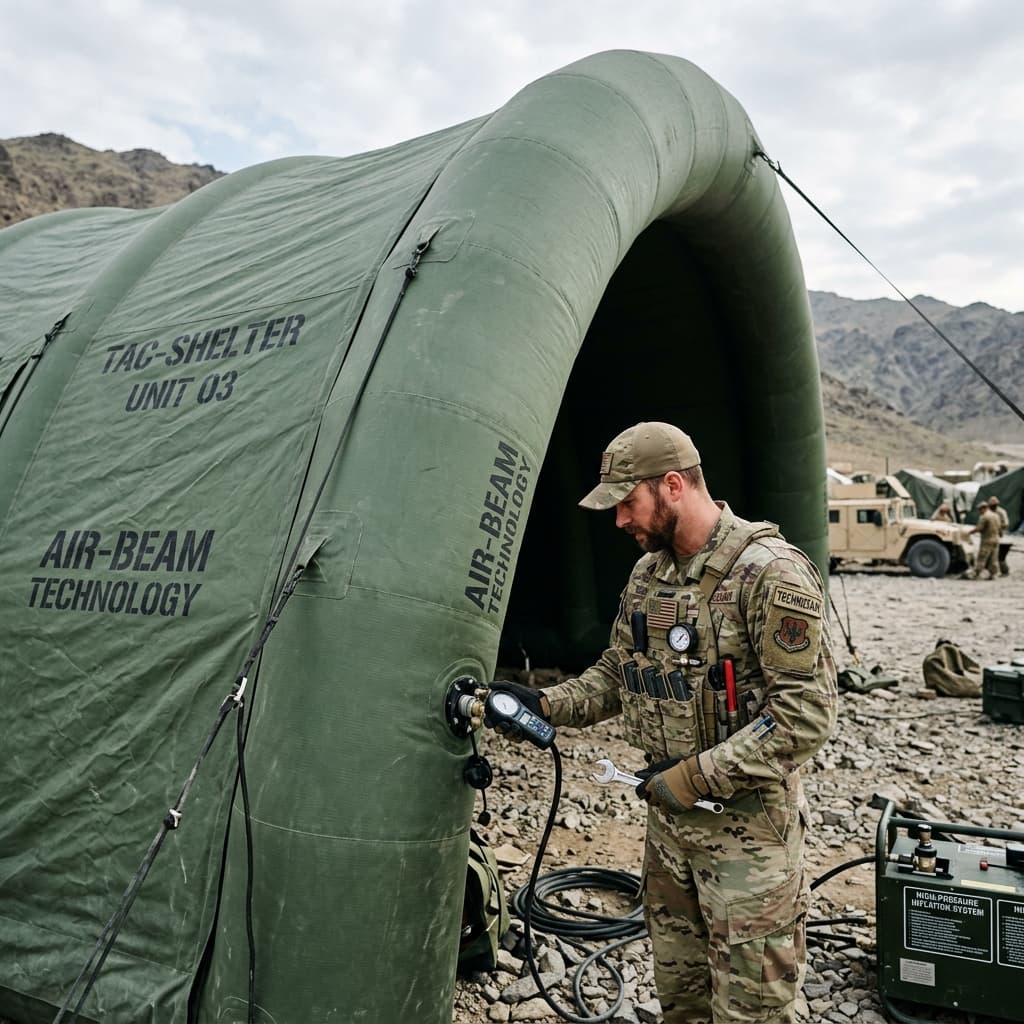 High-pressure inflatable tactical shelter arch being inspected by a technician