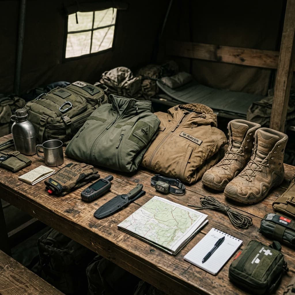 Rugged tactical jackets, combat boots, and outdoors equipment