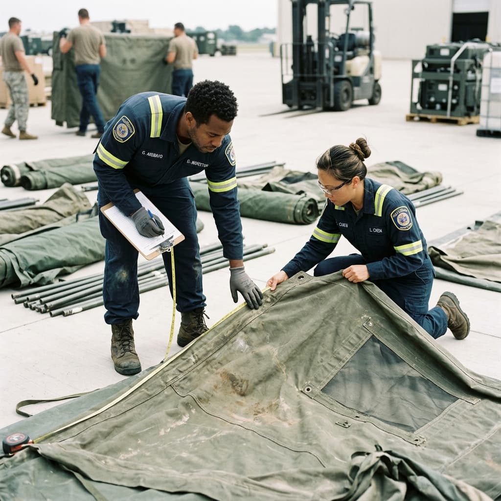Logistics officers inspecting wear and tear on modular military tent layouts