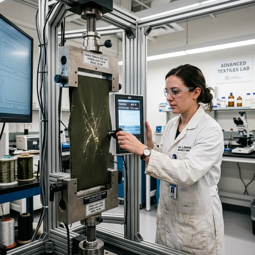 Engineer testing rugged self-healing expeditionary shelter fabric