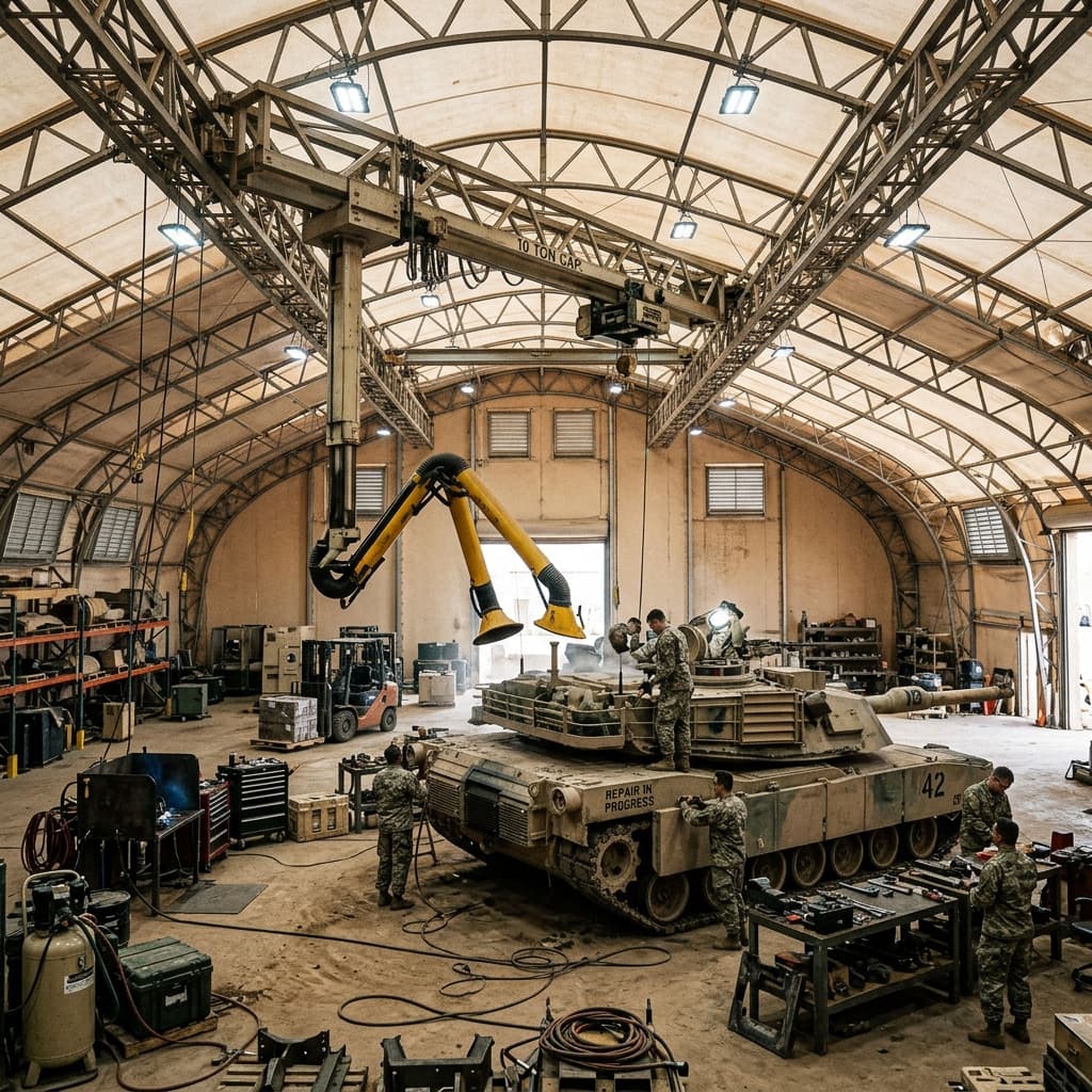 Massive clear-span military maintenance tent sheltering a heavy armored vehicle with gantries