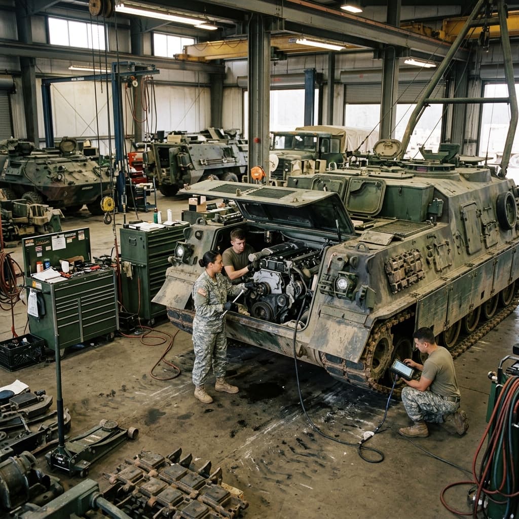 Logistics workshop maintaining large military logistics vehicles inside massive military garage