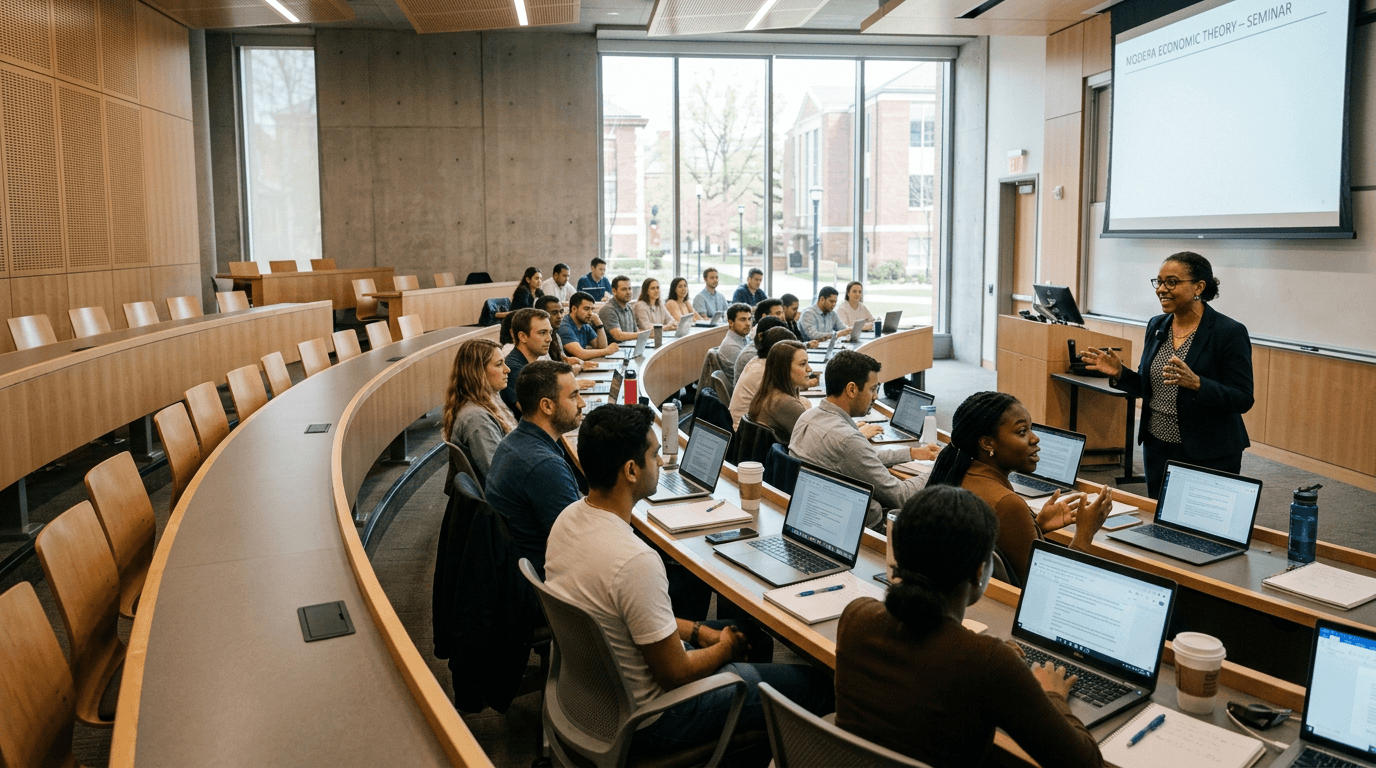 Faculty and students collaborating in a contemporary campus learning environment with digital coursework