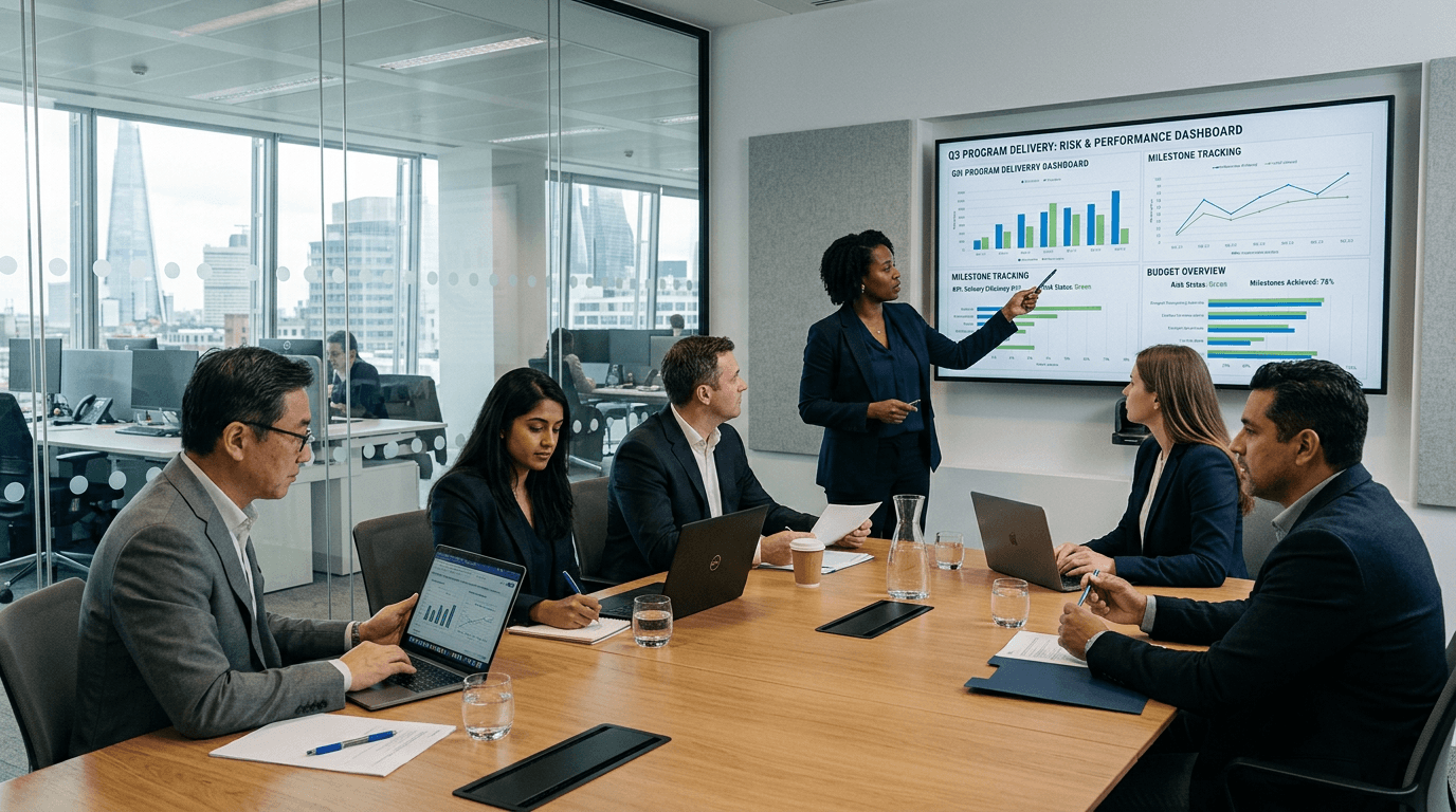 Banking technology and risk leaders reviewing institutional analytics and program metrics in a modern office setting