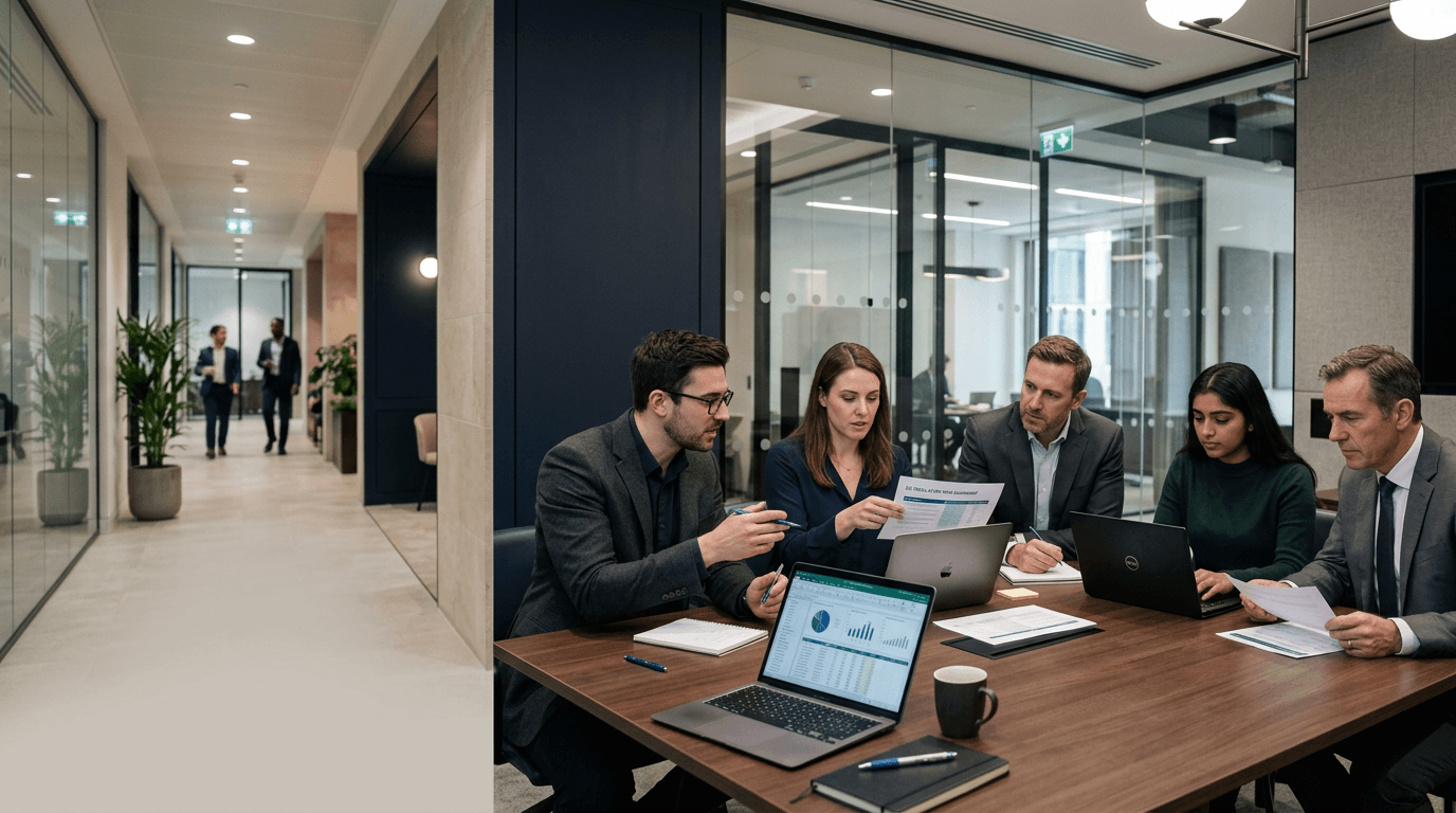 Financial services analysts and technology stakeholders collaborating over secure workflows in a modern institutional office