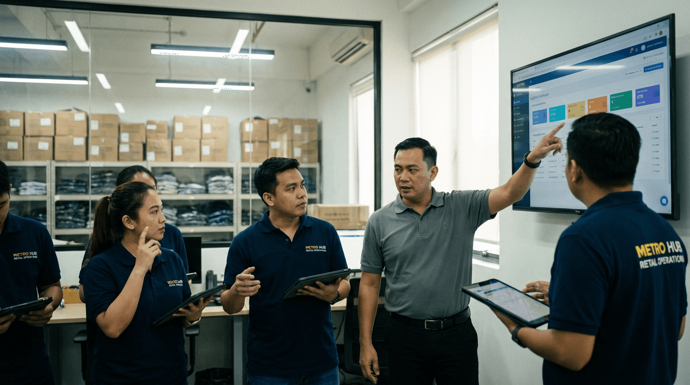 Retail leaders and associates reviewing inventory and fulfillment data on tablets and wall displays in a back-of-house setting