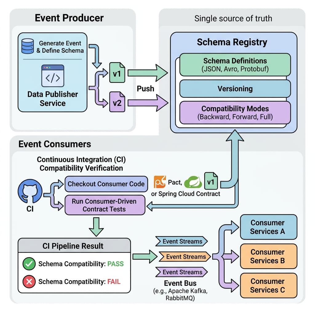 Contract testing architecture diagram for event driven systems showing producer schema registry and consumer CI compatibility verification