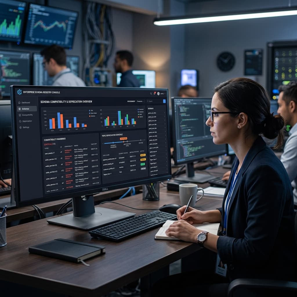 Schema registry UI dashboard showing backward compatibility warnings and topic deprecation schedules