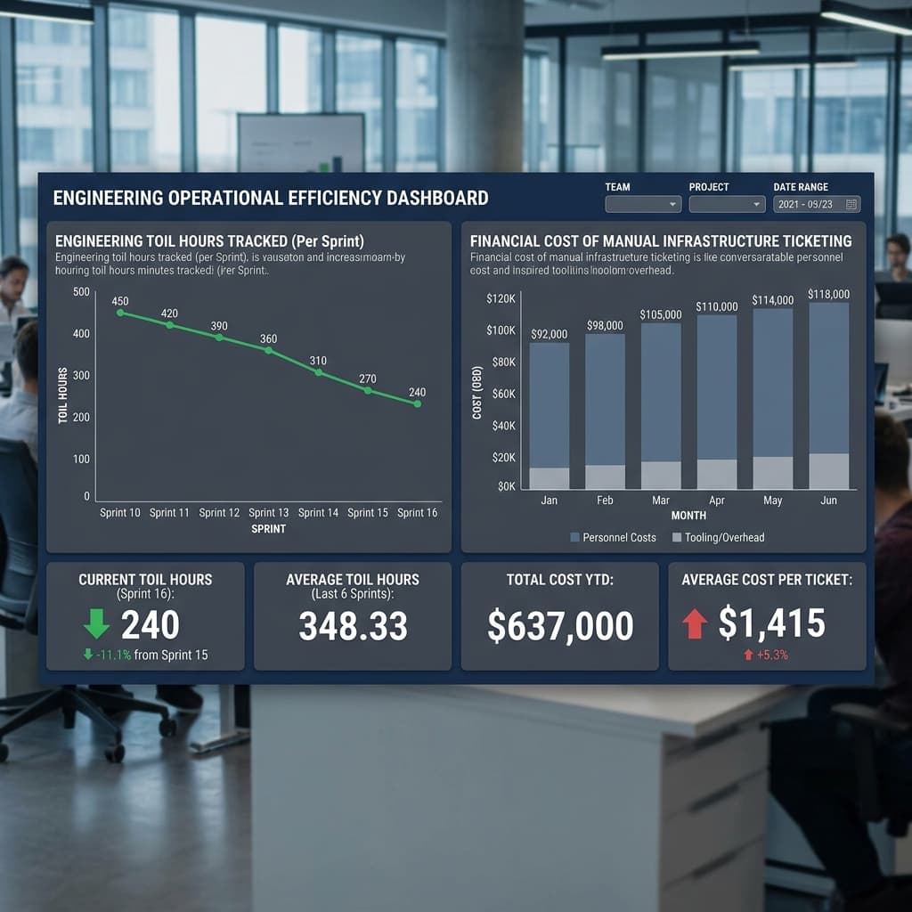 Dashboard showing engineering toil hours tracked per sprint and financial cost of manual infrastructure ticketing